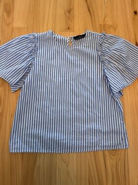 Pomander Place Blue Cotton Pleated Flutter Sleeve Blouse